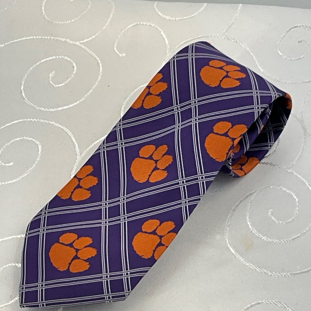 Clemson‎ Tigers Purple & Orange Plaid Tie With Paw Print Design By Eagles Wings
